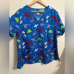 2X Royal Blue Holiday Dino Theme Scrub Top by KOI
